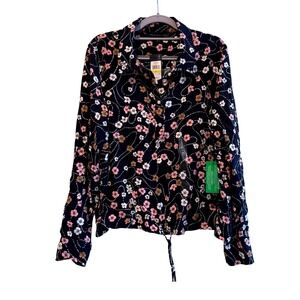 Tommy Hilfiger Asheville Navy Floral Button Up Shirt Drawstring Hem Women Medium